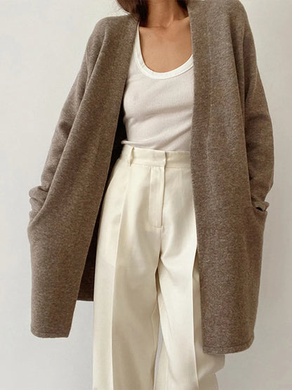 Open Front Long Sleeve Cardigan with Pockets Taupe - Fashorio