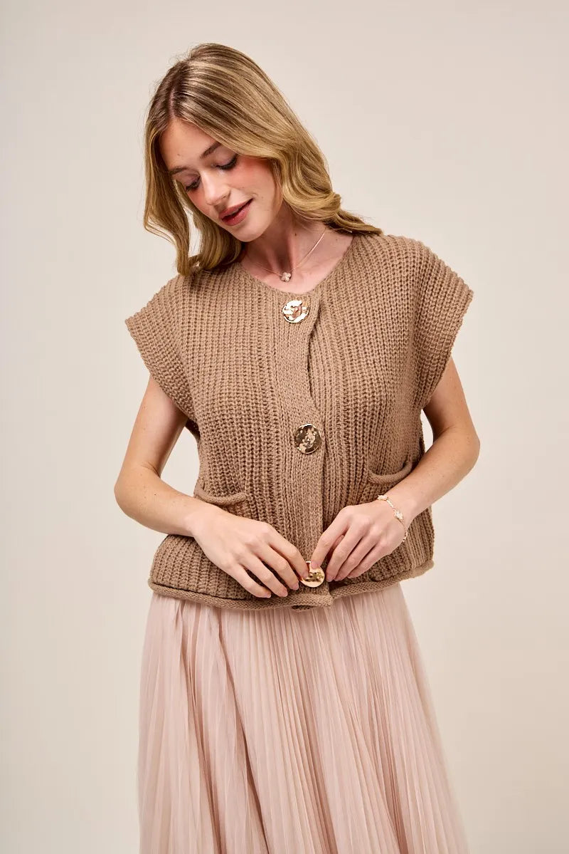 SO ME Big Metal Button Front Sweater Vest - Fashorio