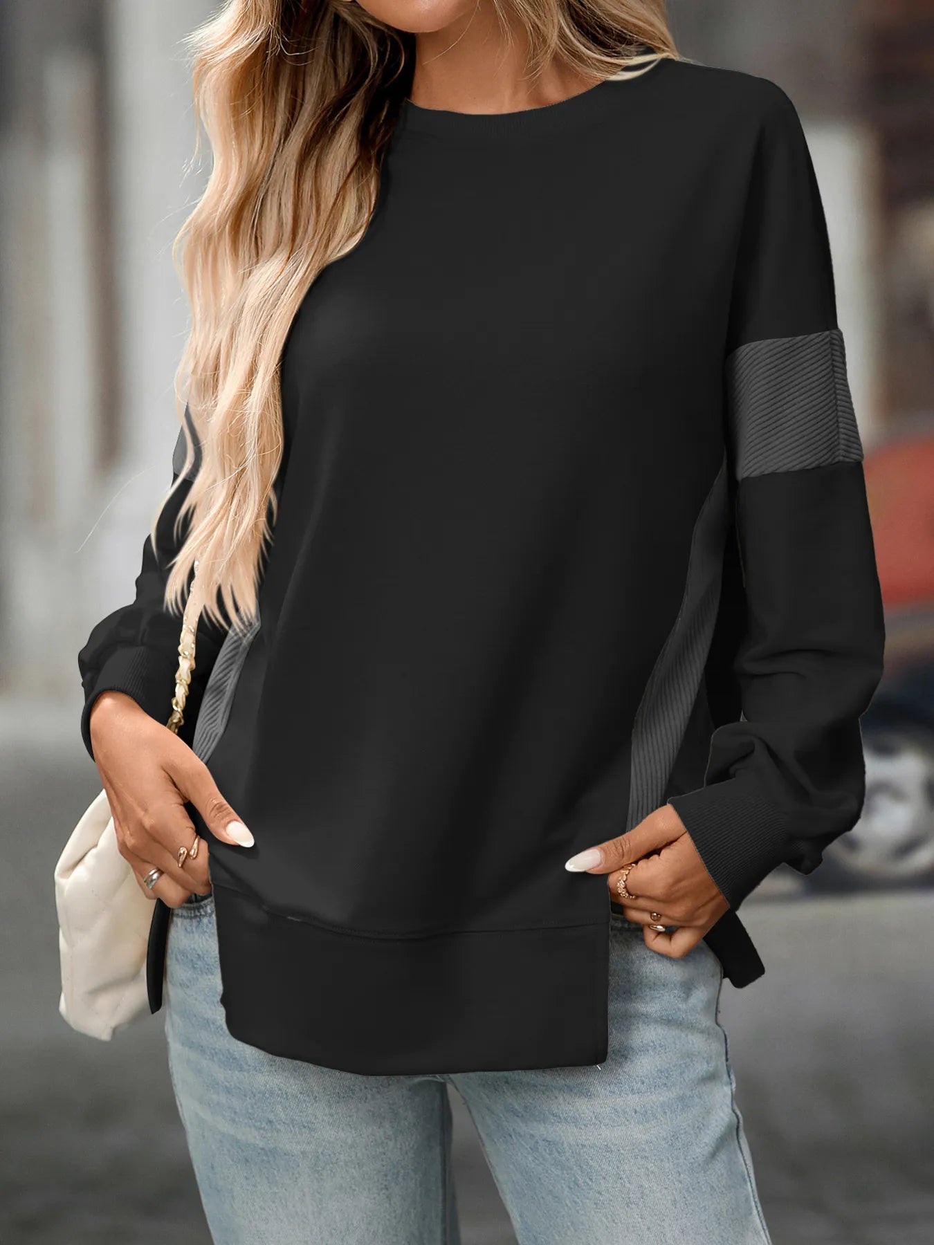 Slit Round Neck Long Sleeve Sweatshirt Black - Fashorio