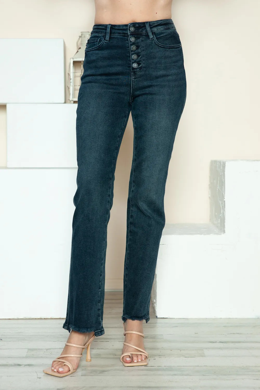 Back view of the dark wash straight jeans