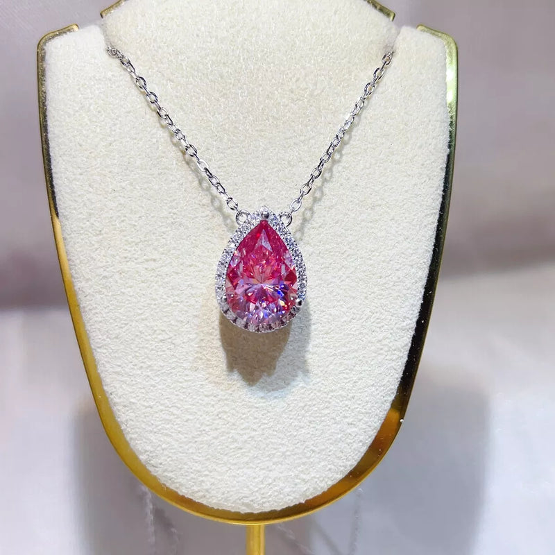 Fuchsia pink moissanite pendant necklace on sterling silver chain