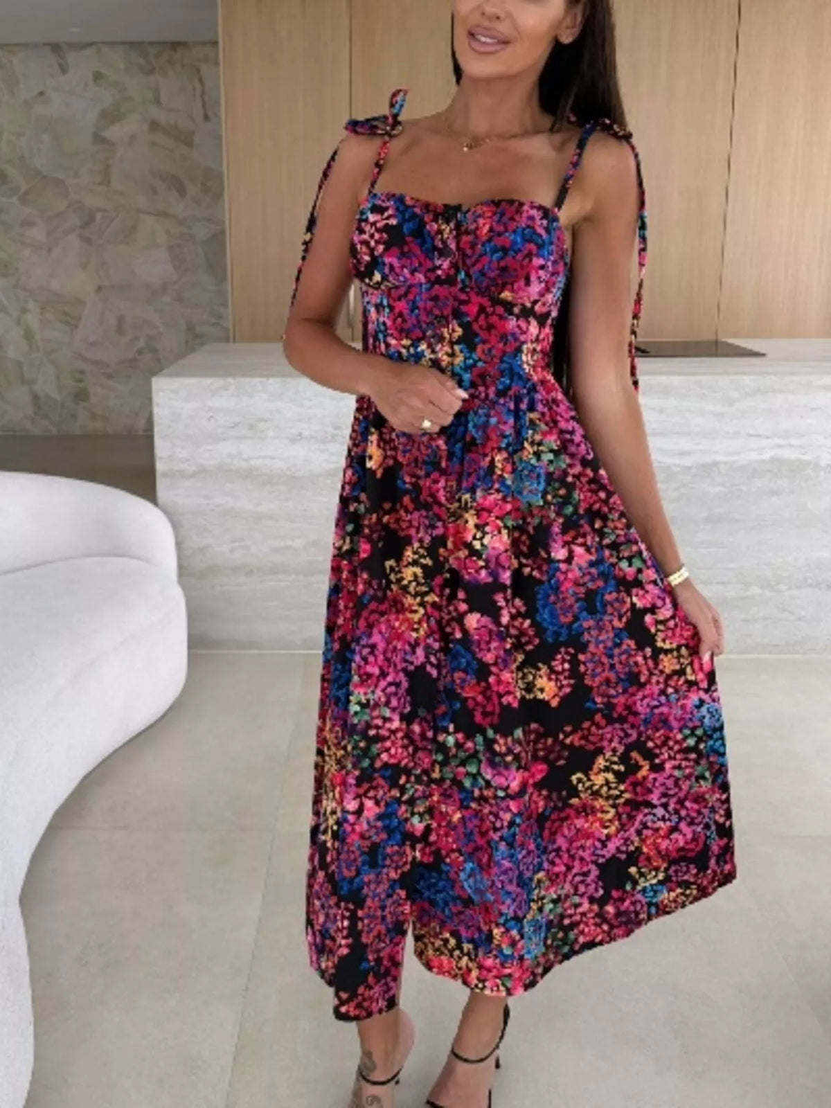 Printed tie strap midi dress back view