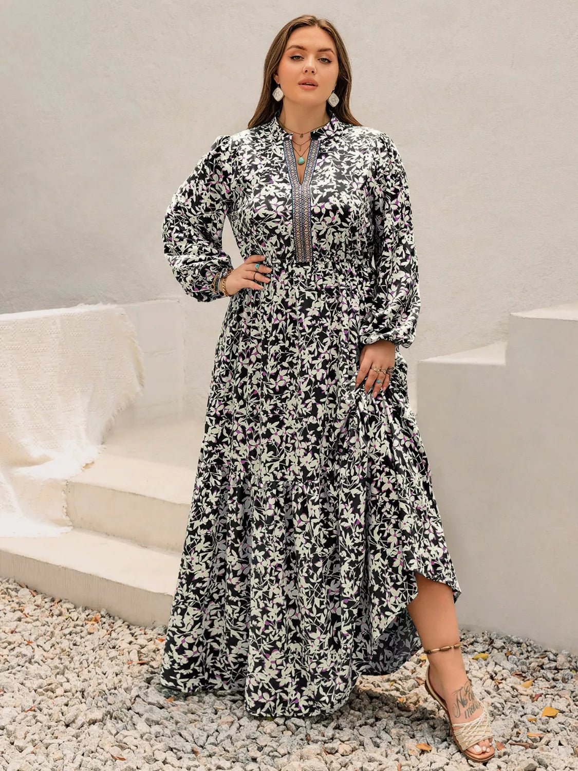 Plus Size Floral Long Sleeve Tiered Maxi Dress, side view