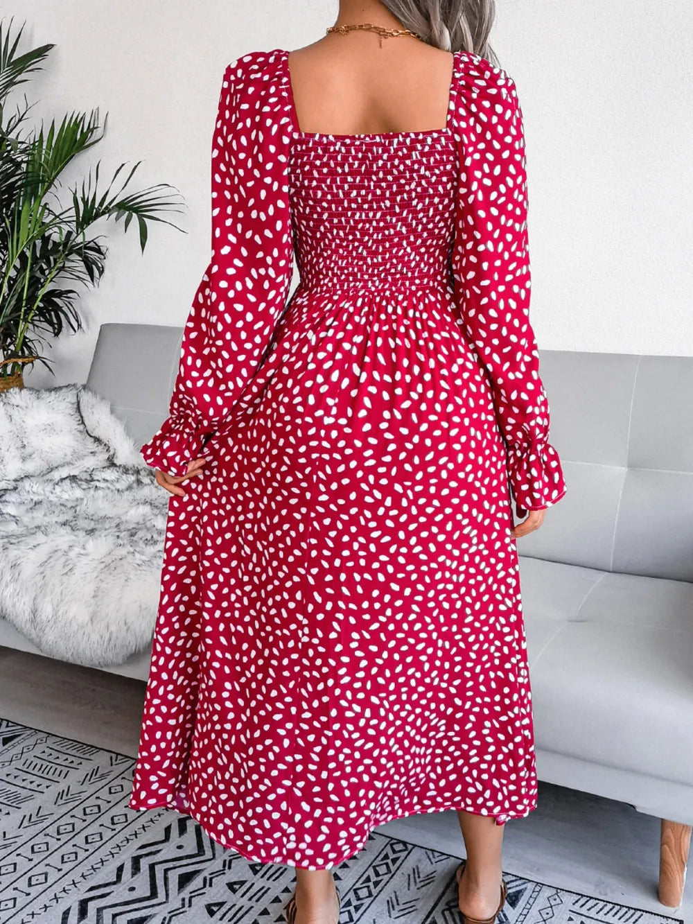 Smocked square neck flounce sleeve dress styled look