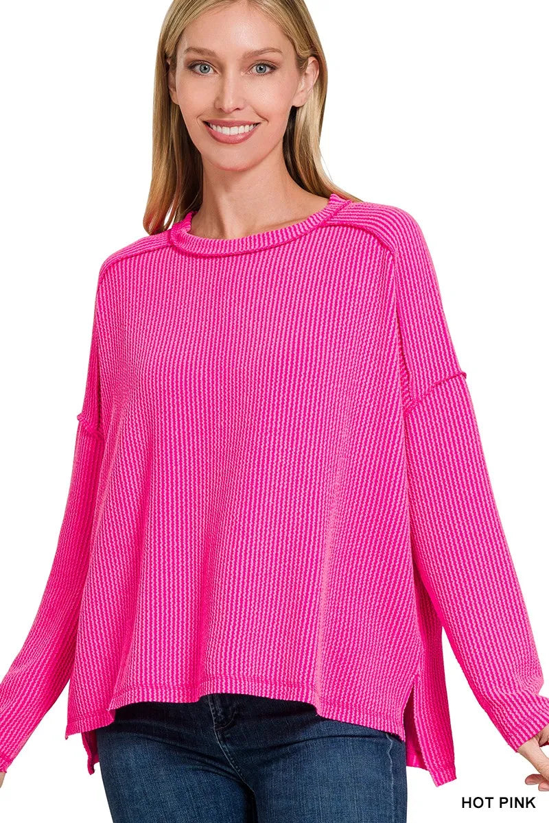 Zenana Exposed Seam Long Sleeve Corded Rib Knit Top HOT PINK - Fashorio