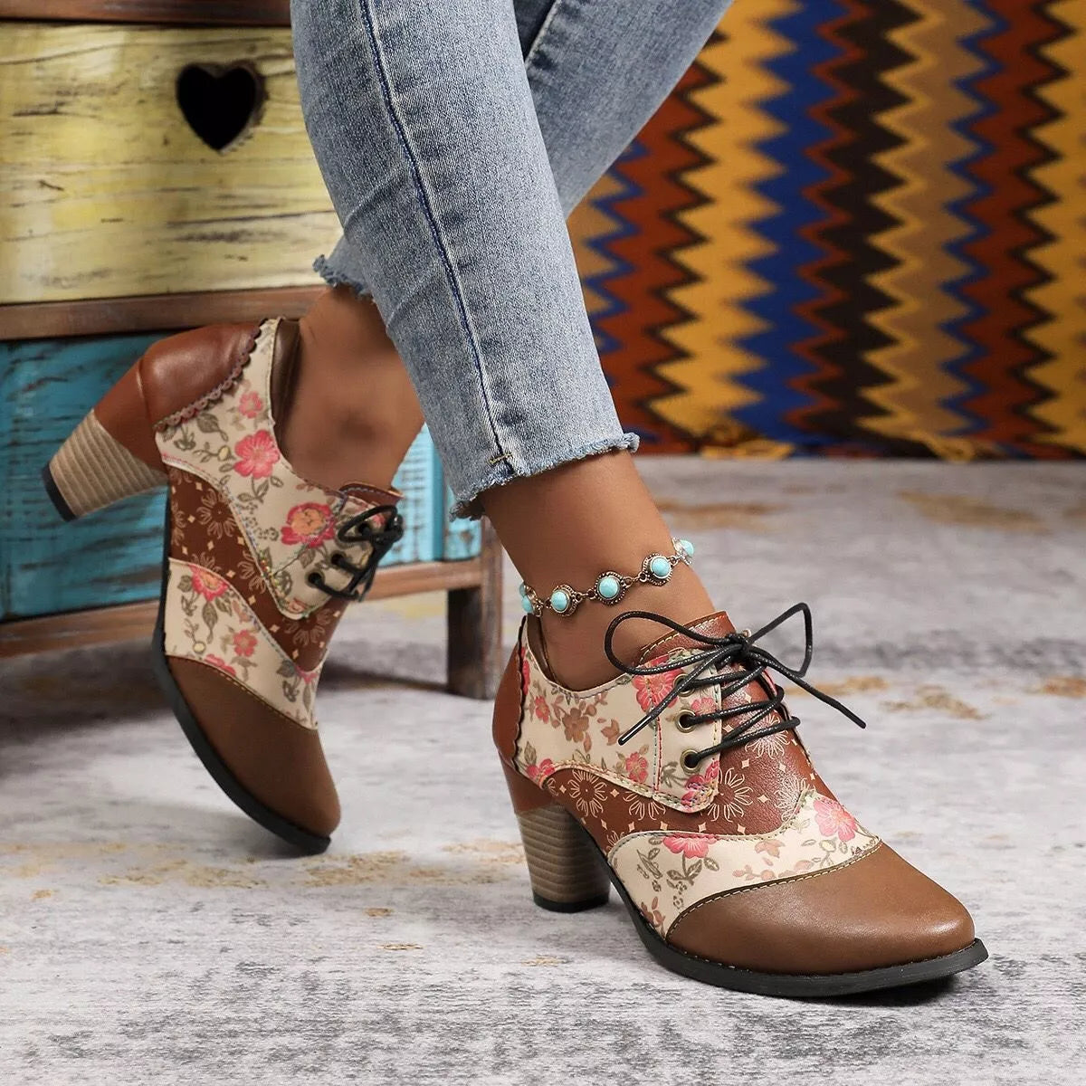 Lace up block heel ankle boots platform detail