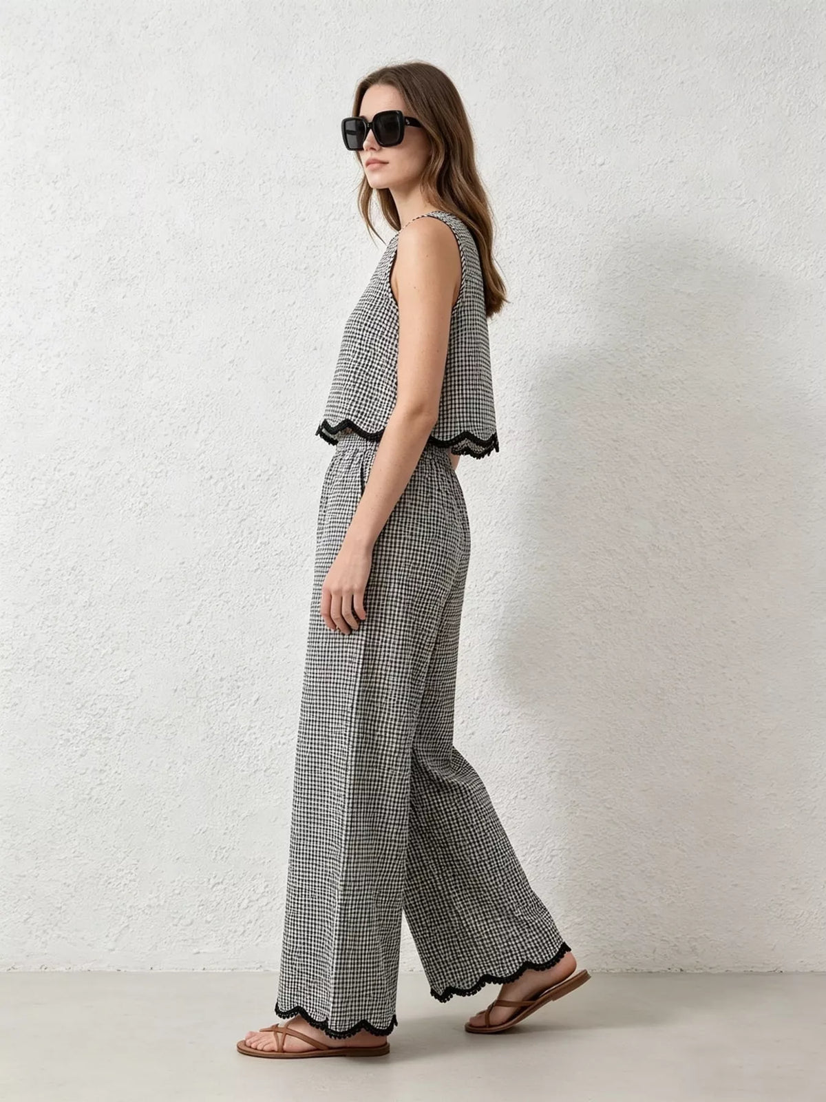 Black plaid pants set full outfit