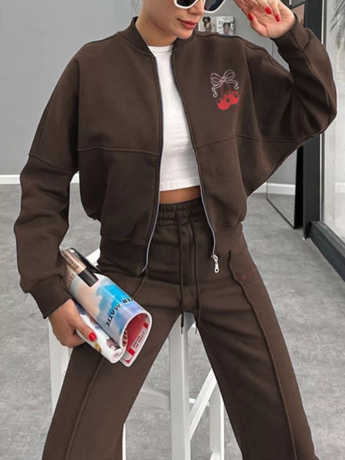 Zip Up Dropped Shoulder Jacket and Pants Set, view 21