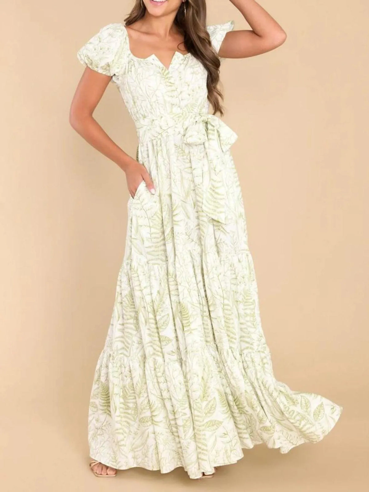 Green printed puff sleeve maxi dress back view