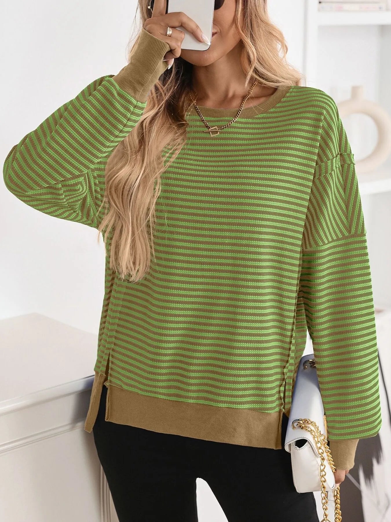 Exposed Seam Striped Contrast Sweatshirt Matcha Green - Fashorio