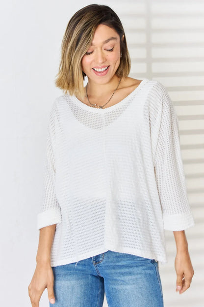 Zenana Full Size Waffle Knit V-Neck Long Sleeve Slit Top - Fashorio