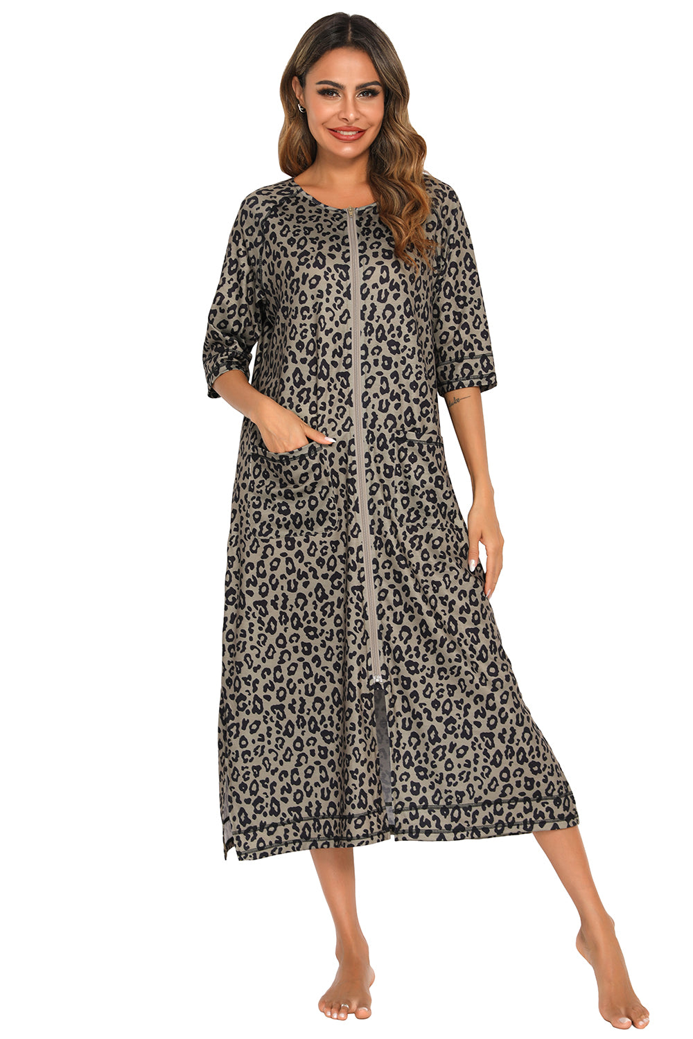 Printed Slit Night Dress with Pockets - Fashorio
