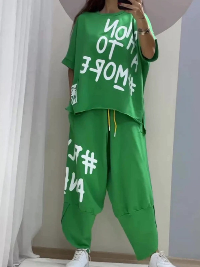 Letter graphic tee and drawstring pants set plus size front view