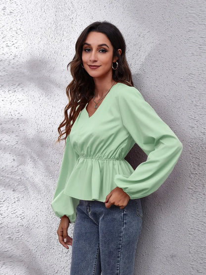V-Neck Balloon Sleeve Peplum Blouse - Fashorio