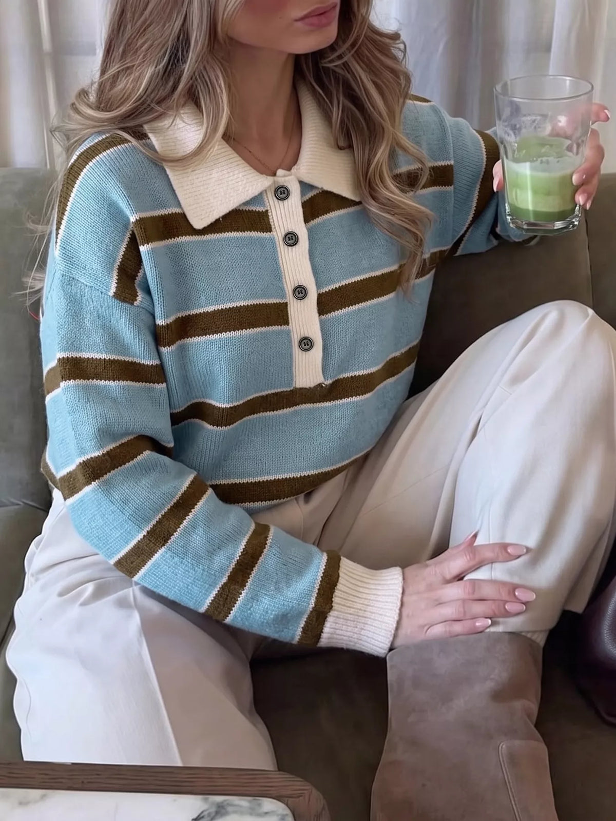 Striped Button Polo Collar Sweater in Blue side view