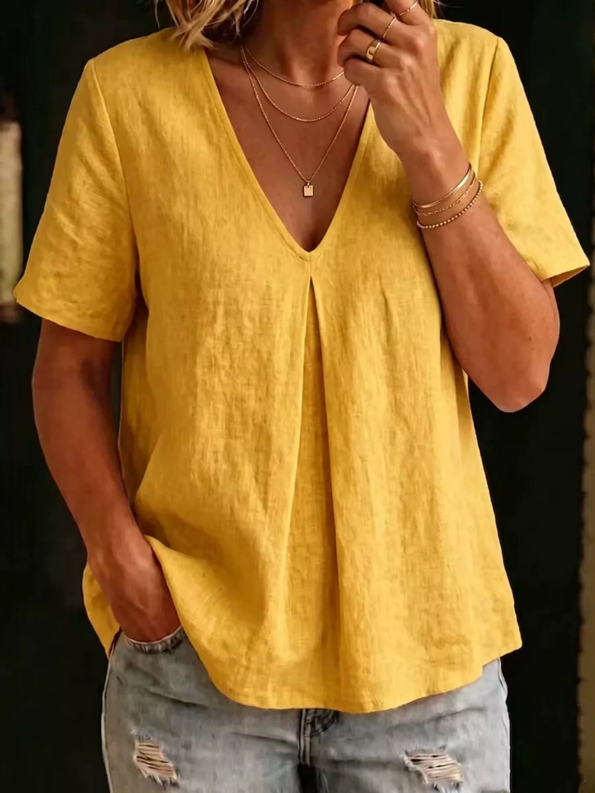V-Neck Pleated Short Sleeve Blouse, view 8