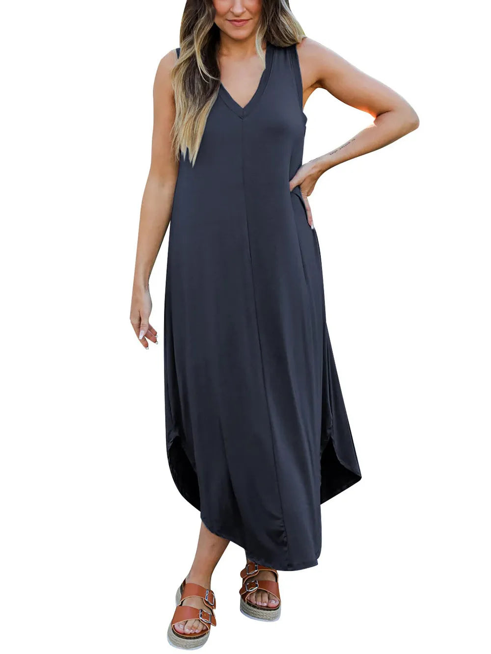 Full Size V-Neck Midi Tank Dress - Fashorio