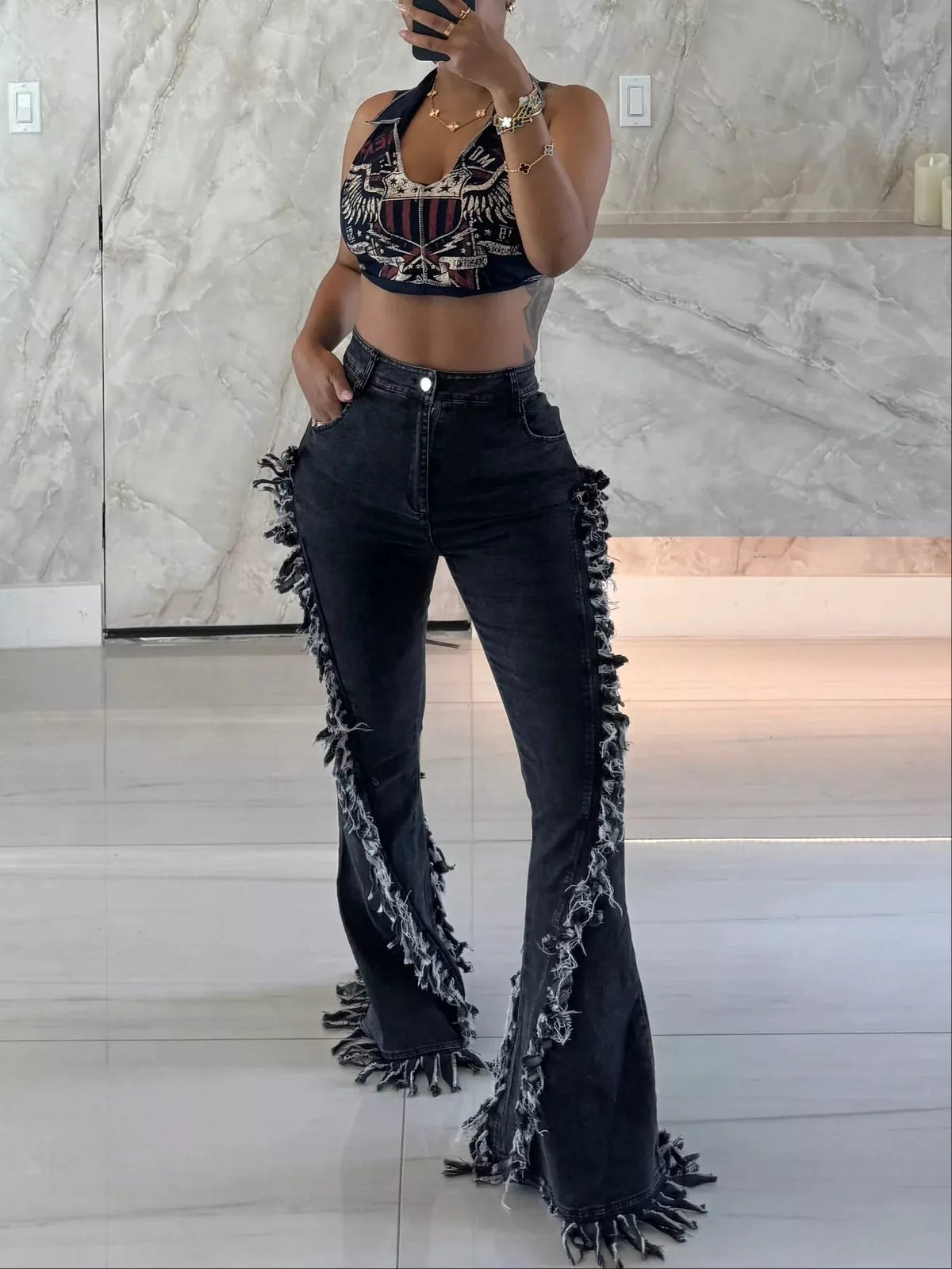 Frayed trim high waist flare jeans front view