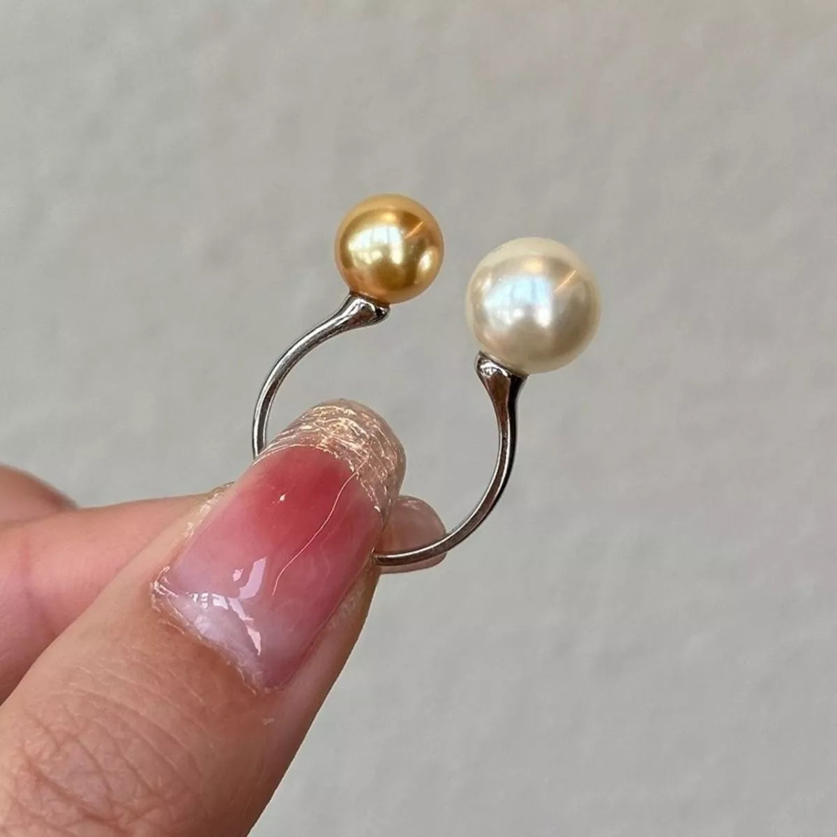 Double pearl open sterling silver ring back view