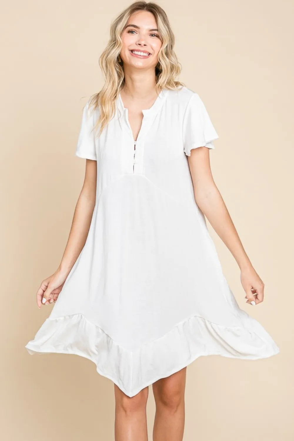 Ruffled Asymmetric Hem Dress in White detail