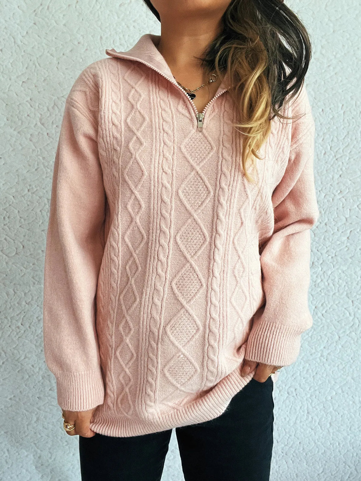 Texture zip collar long sleeve sweater, styled with jeans