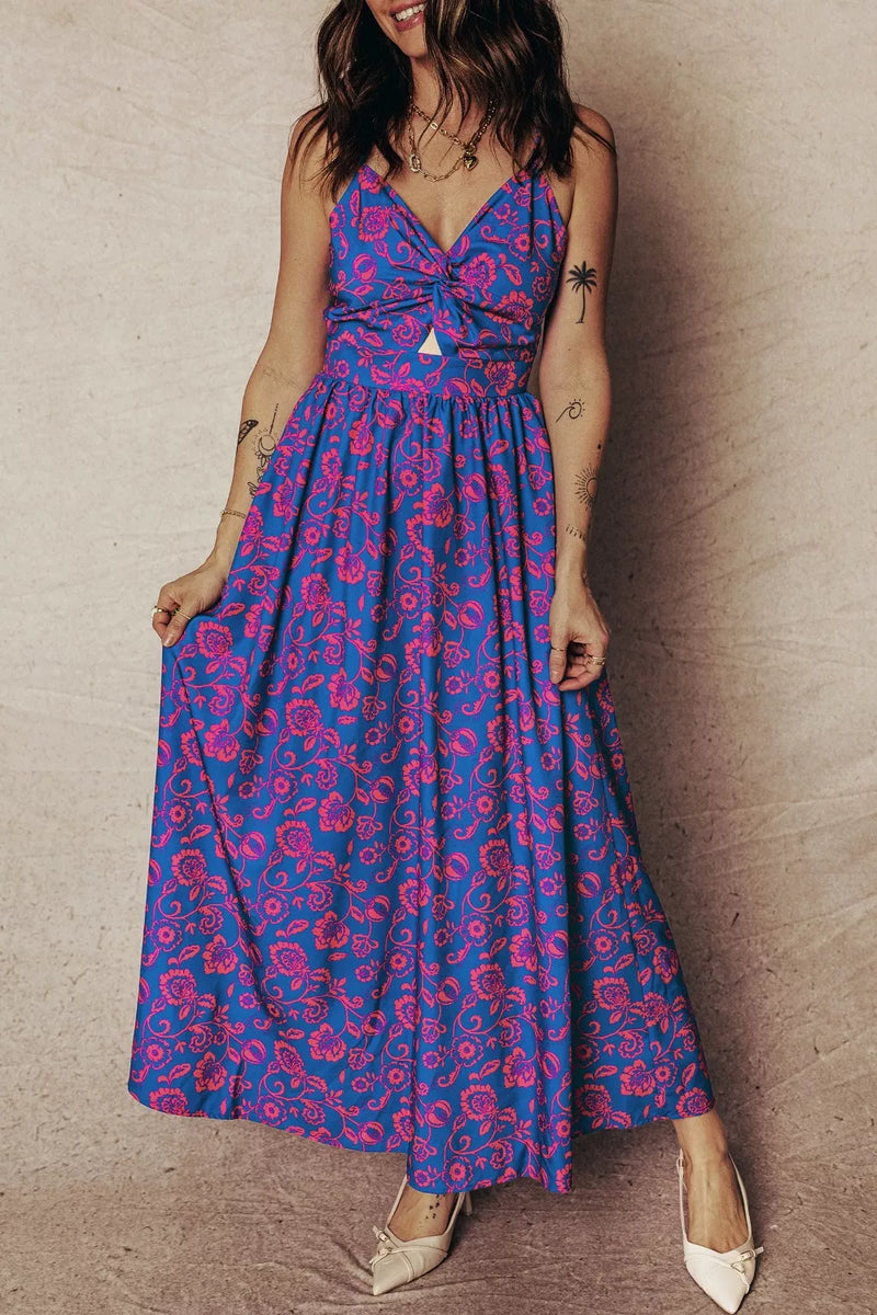 Floral twisted V neck backless maxi dress in purple front view