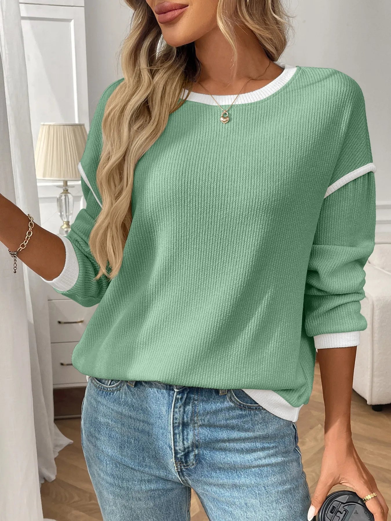 Ribbed Contrast Trim Long Sleeve Top - Fashorio