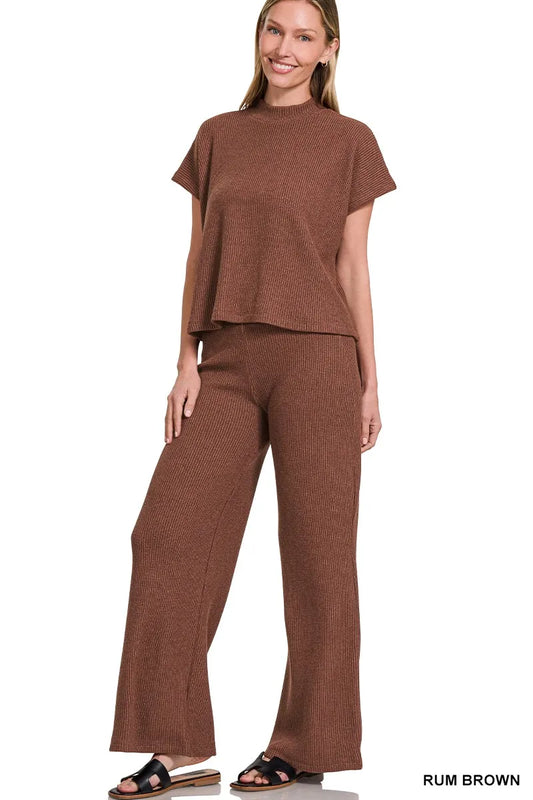 Zenana Sweater Boxy Top & Long Pants Set RUM BROWN - Fashorio