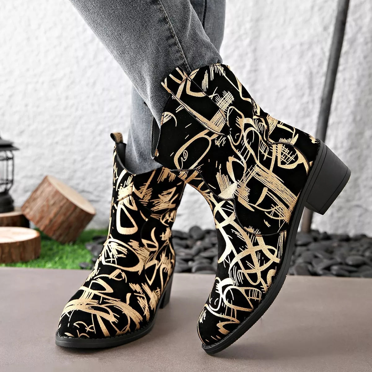 Black suede block heel boots heel detail