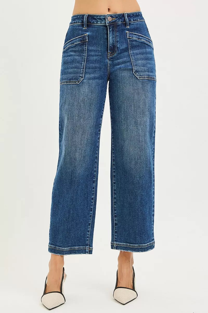 RISEN slouchy cropped baggy jeans front view in dark blue