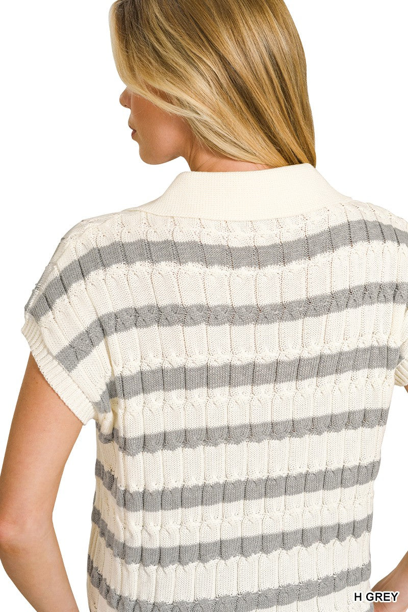 Grey textured stripe collared sweater vest side view
