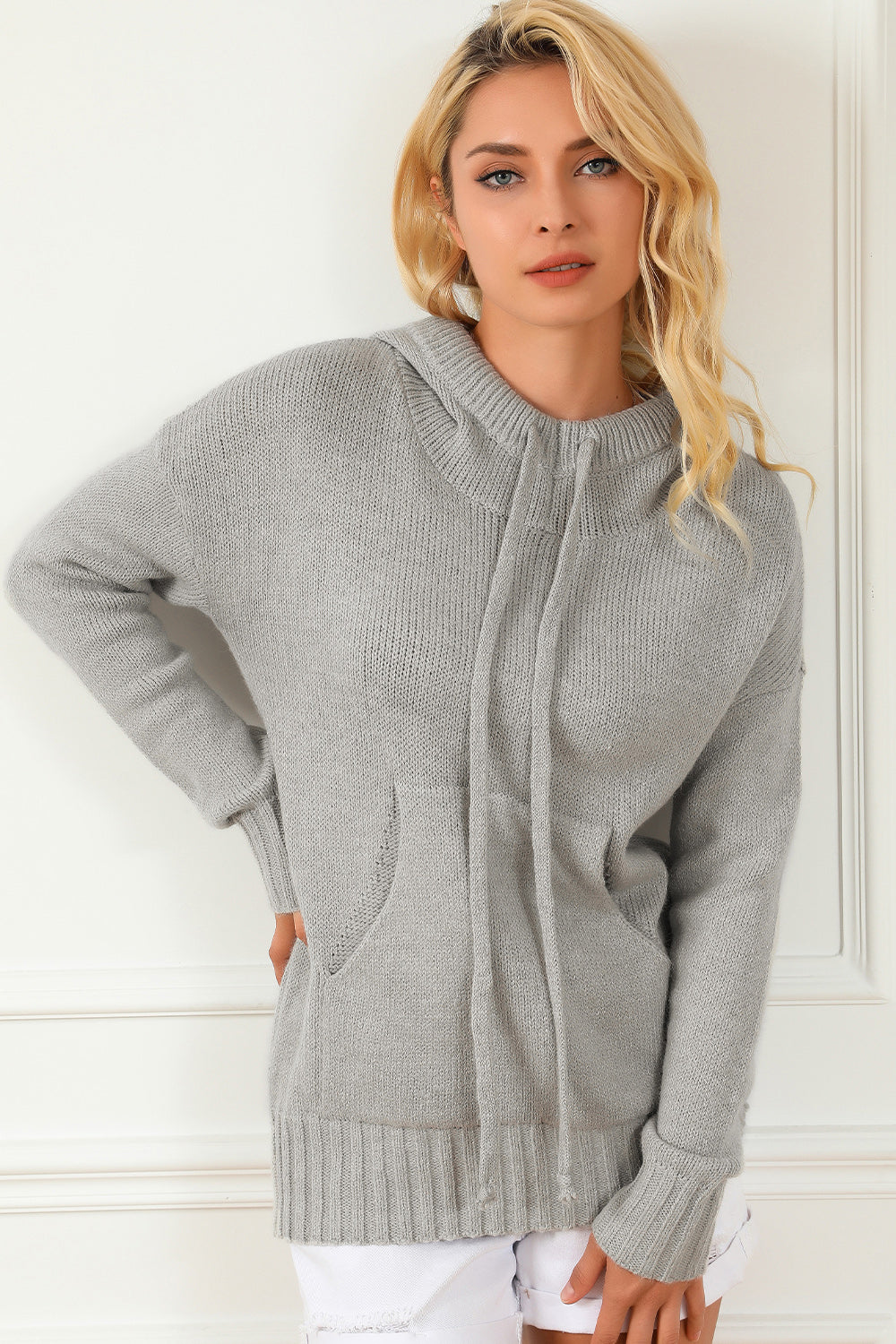 Drawstring Hooded Sweater with Pocket - Fashorio