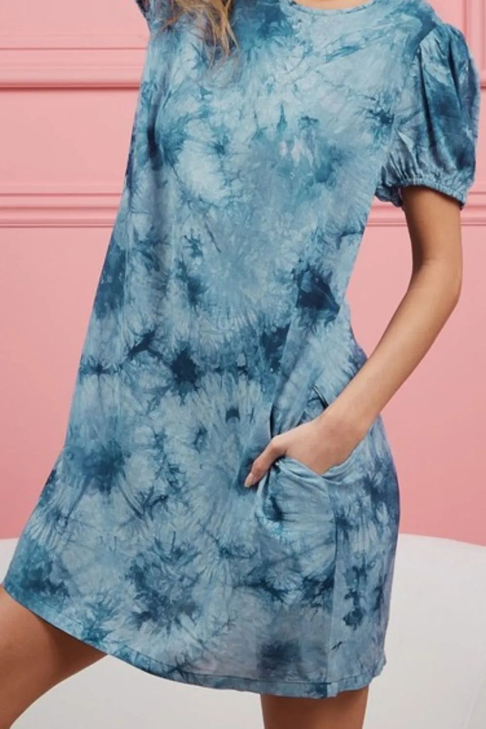 Tie Dye Puff Sleeve Dress with Pockets in Teal side view
