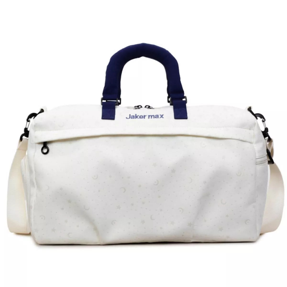 Model carrying cream nylon duffel bag