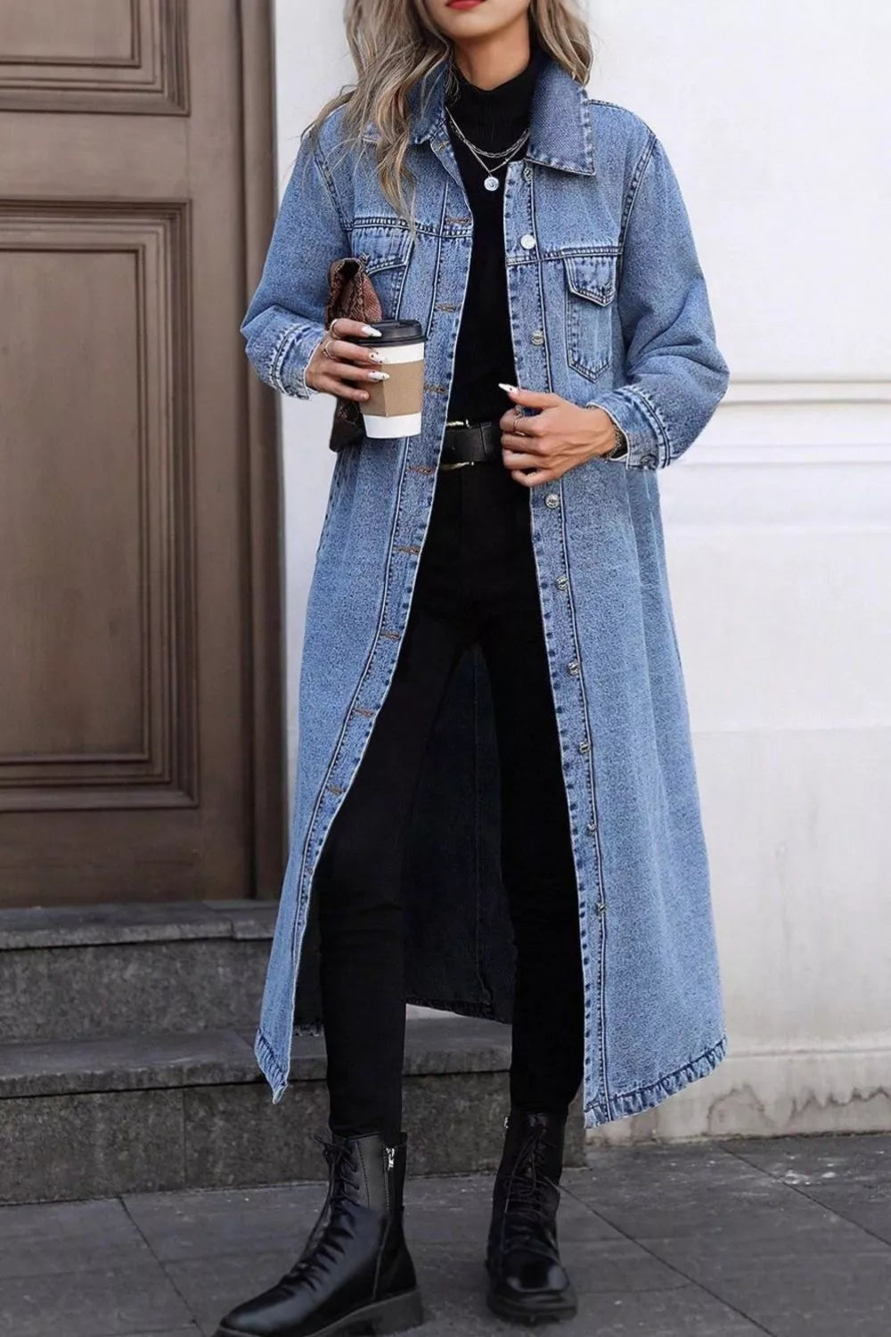 Longline Button Down Denim Jacket in Blue