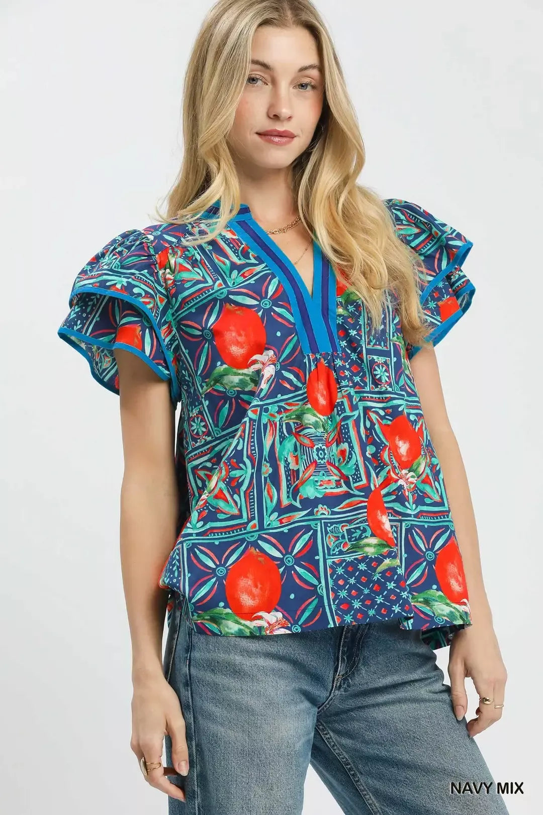 Navy abstract blouse flutter sleeve detail