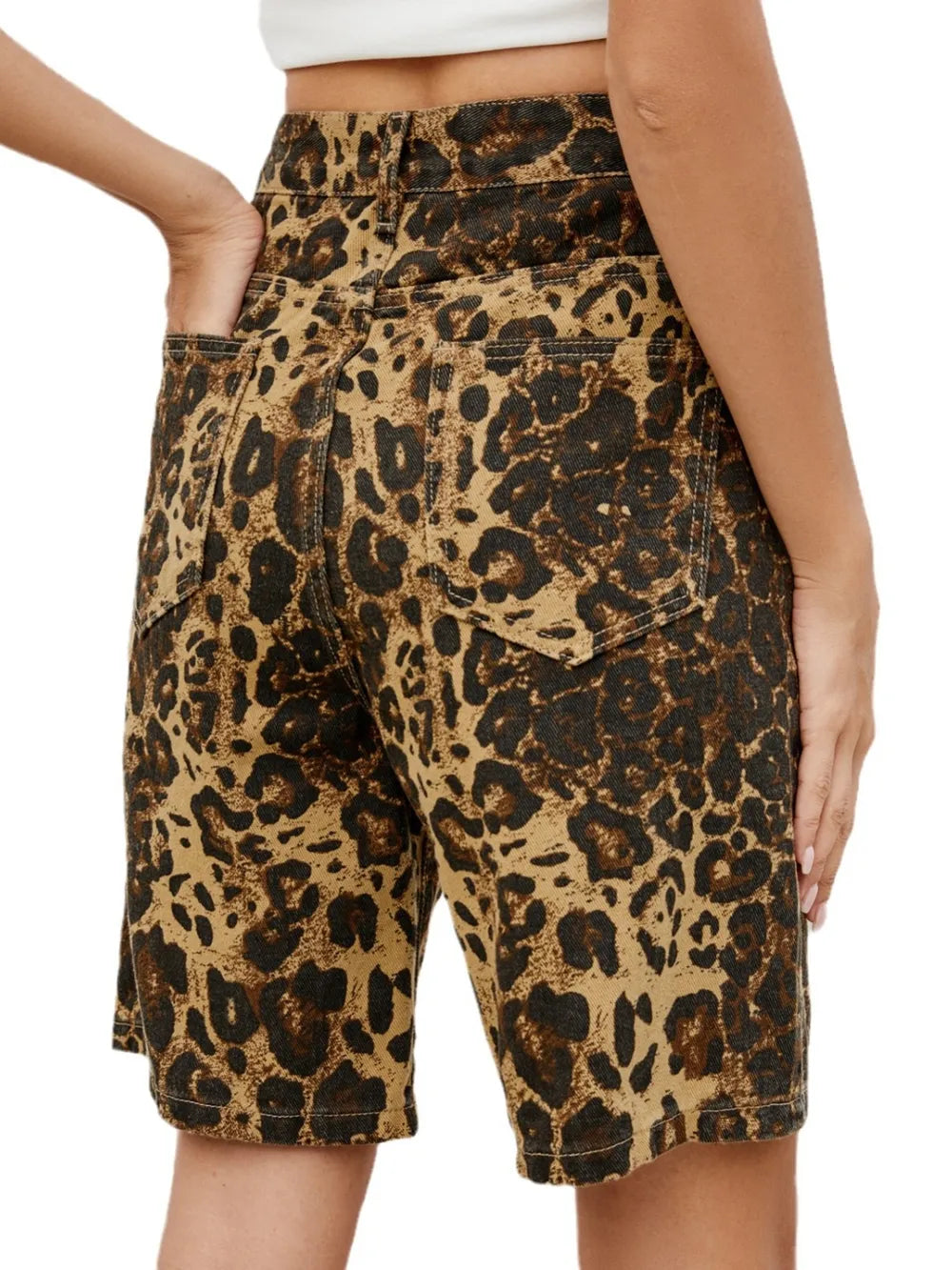 Leopard print denim shorts back view