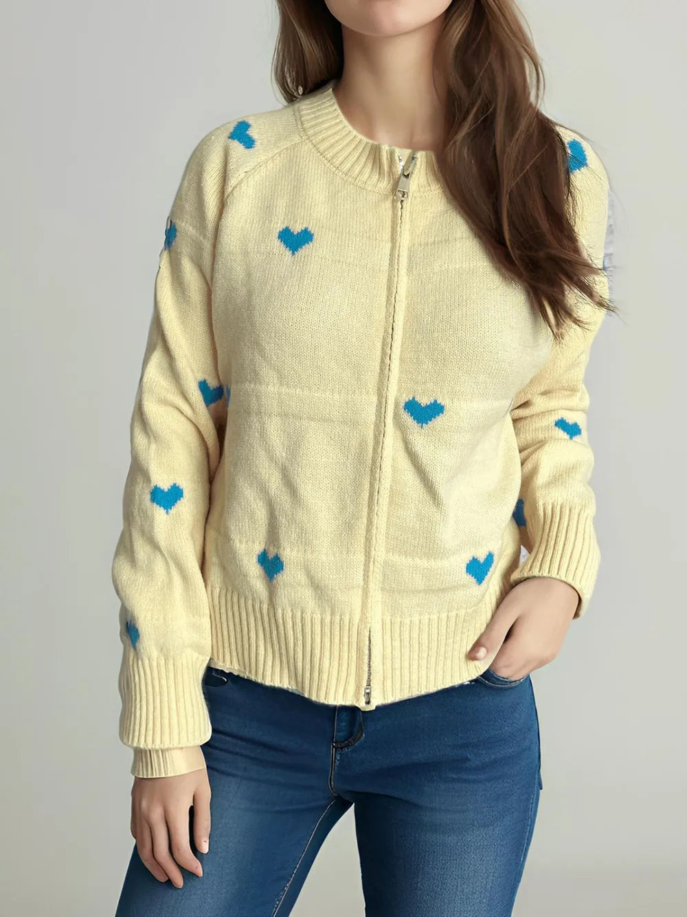 Heart Round Neck Zip Up Cardigan Pastel Yellow One Size - Fashorio