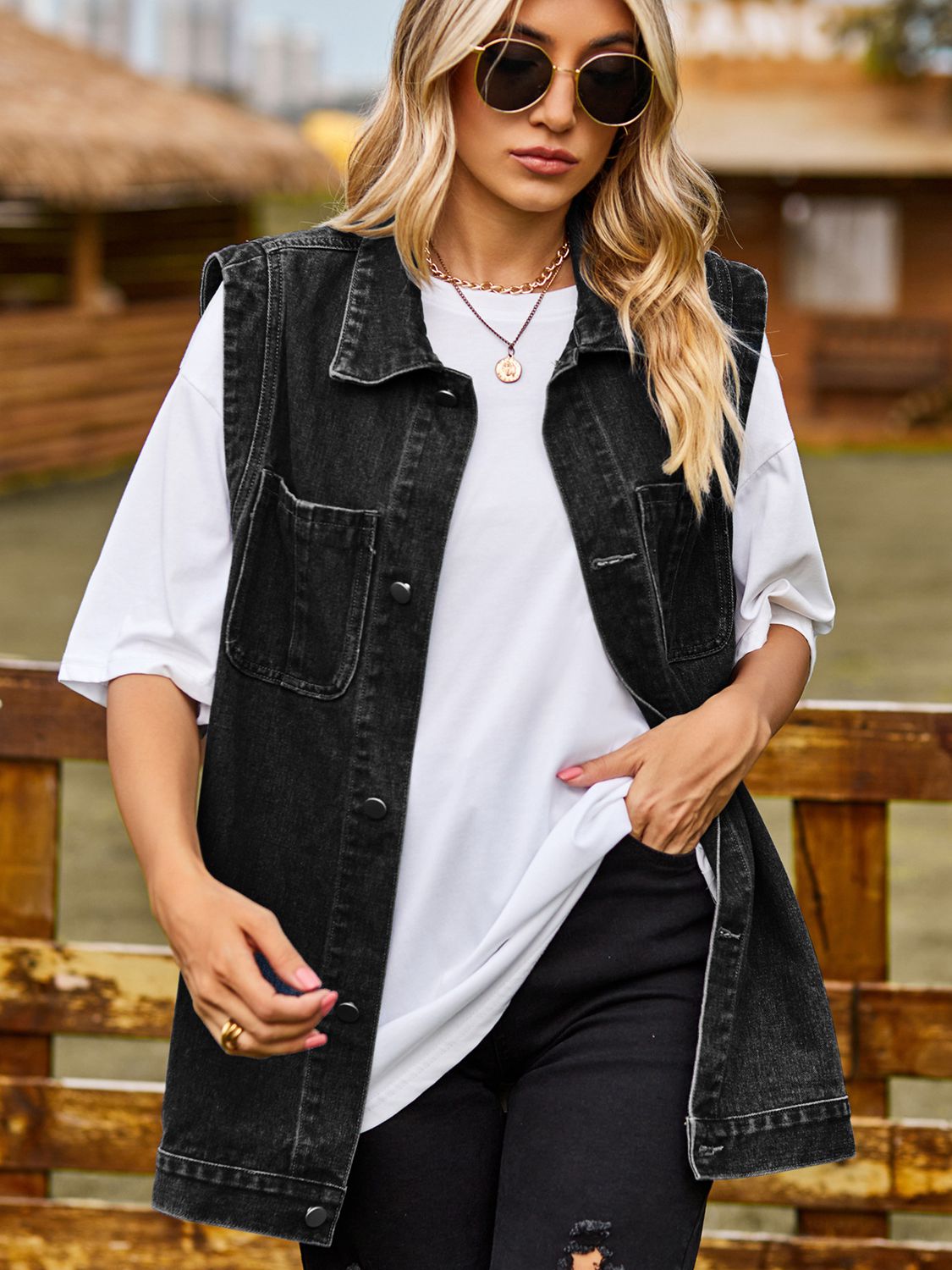 Button Down Denim Vest - Fashorio