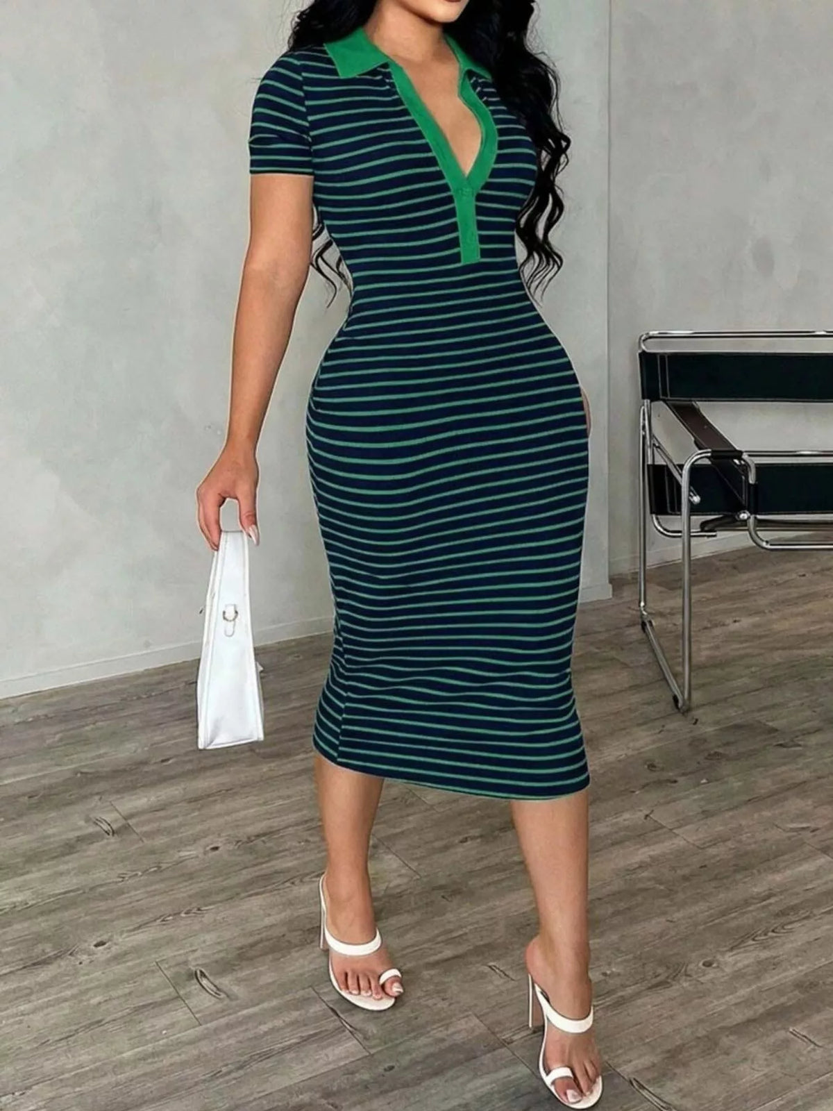 Striped polo collar midi dress front view