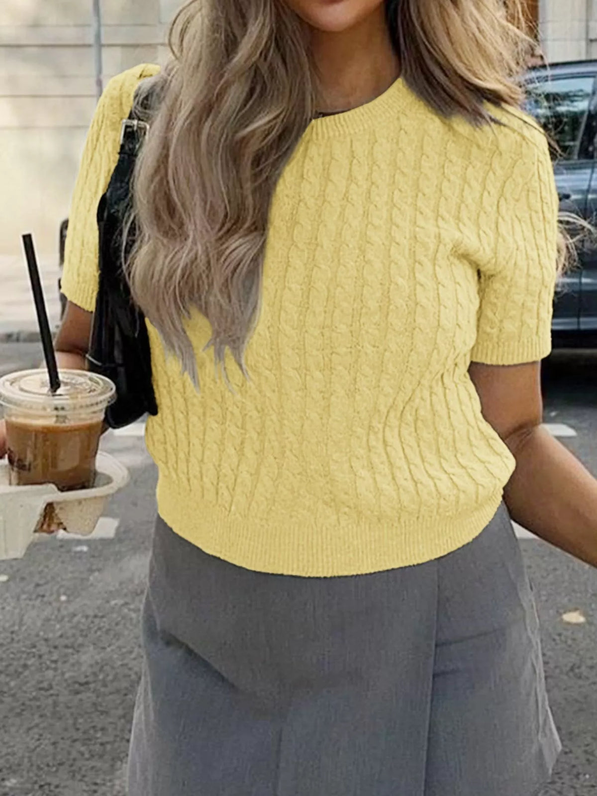 cable knit short sleeve sweater front view