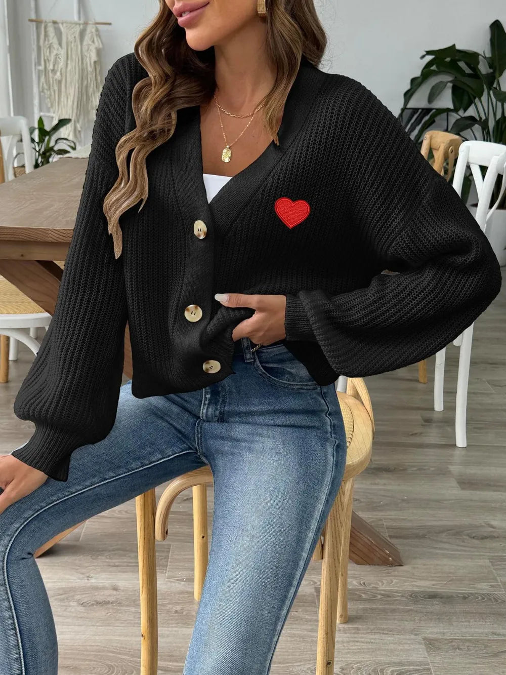Heart Button Down V-Neck Long Sleeve Cardigan - Fashorio