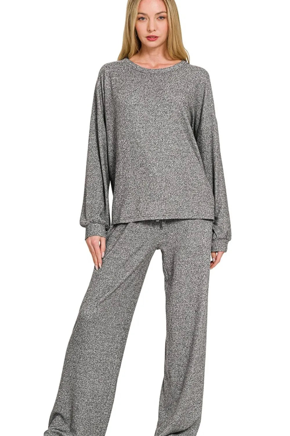 Zenana Soft Melange Hacci Long Slv Tee & Pants Set - Fashorio