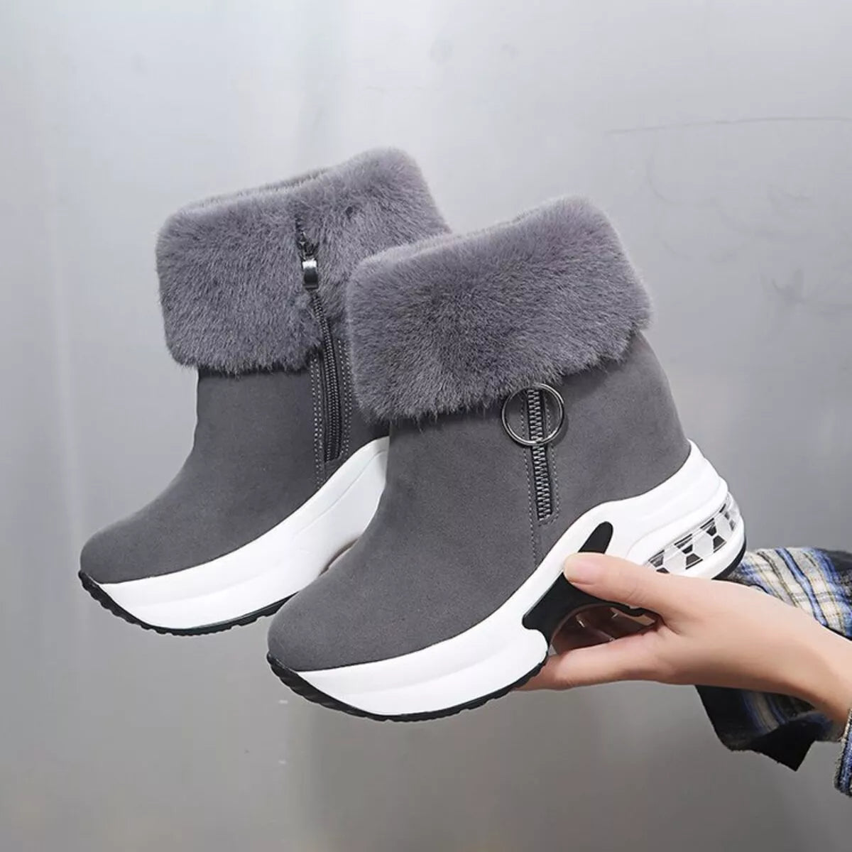 Fuzzy platform ankle boots full length view