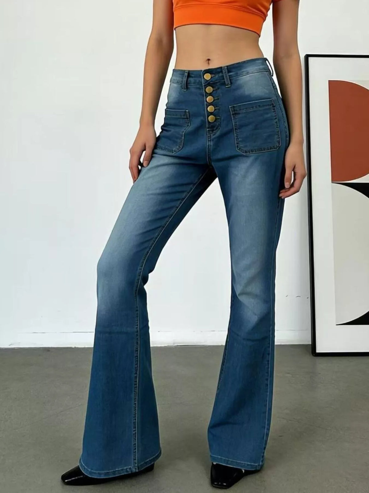 Button fly high waist flare jeans