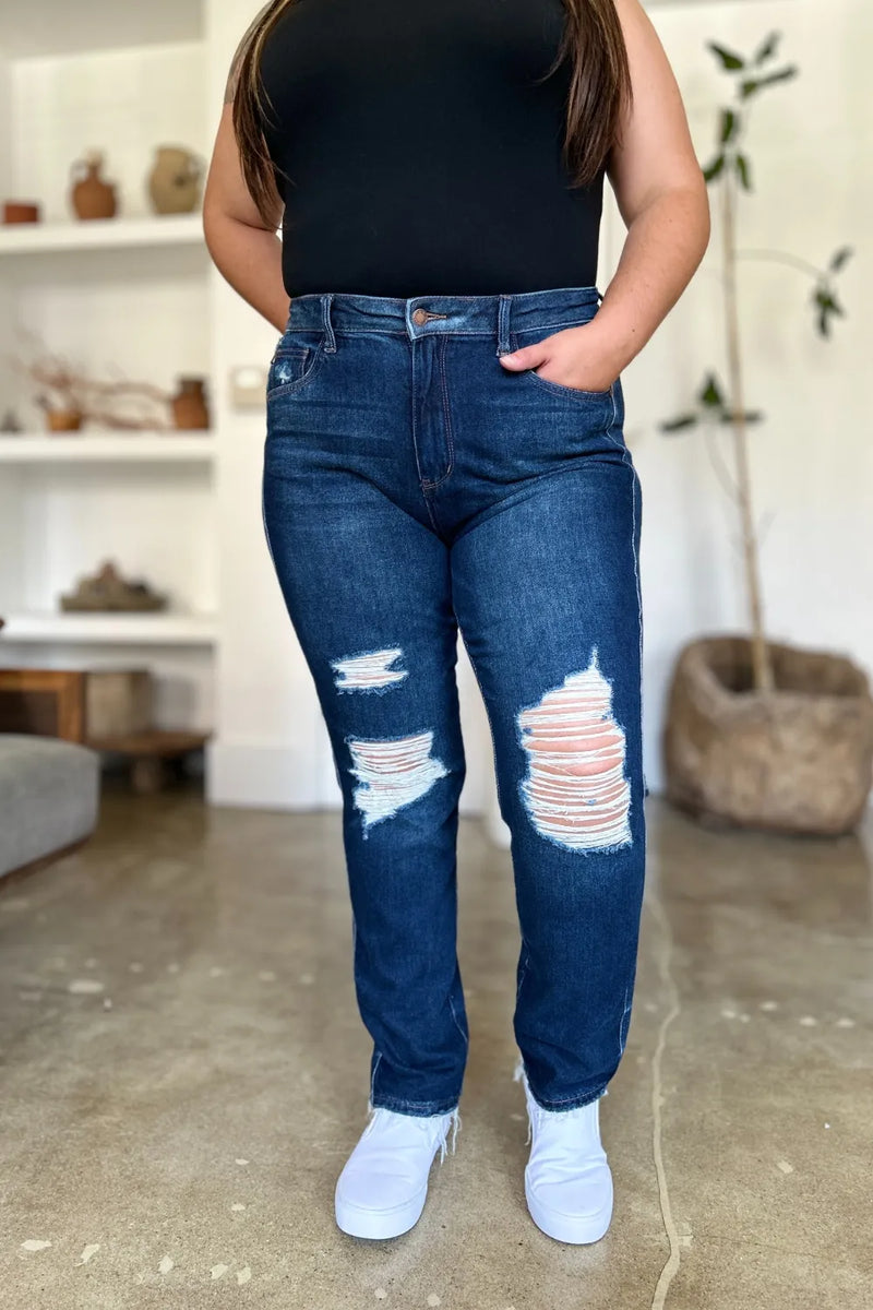 Judy Blue high waist heavy destroy straight jeans front view on model