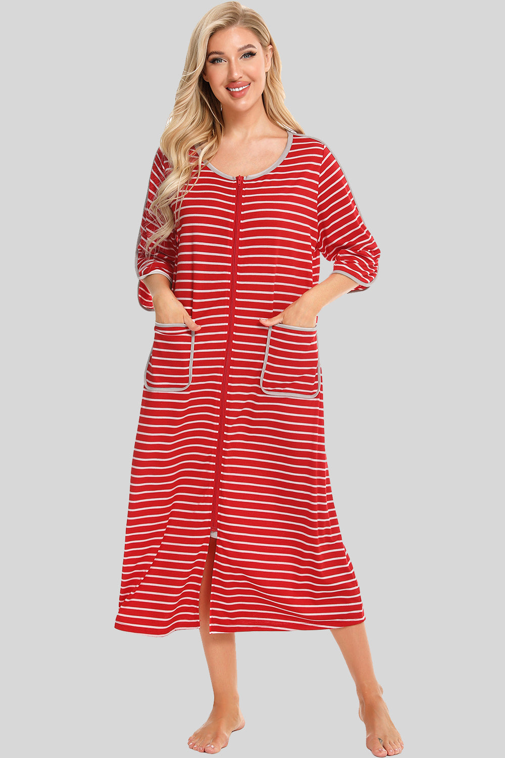 Round Neck Three-Quarter Sleeve Midi Night Dress Deep Red - Fashorio