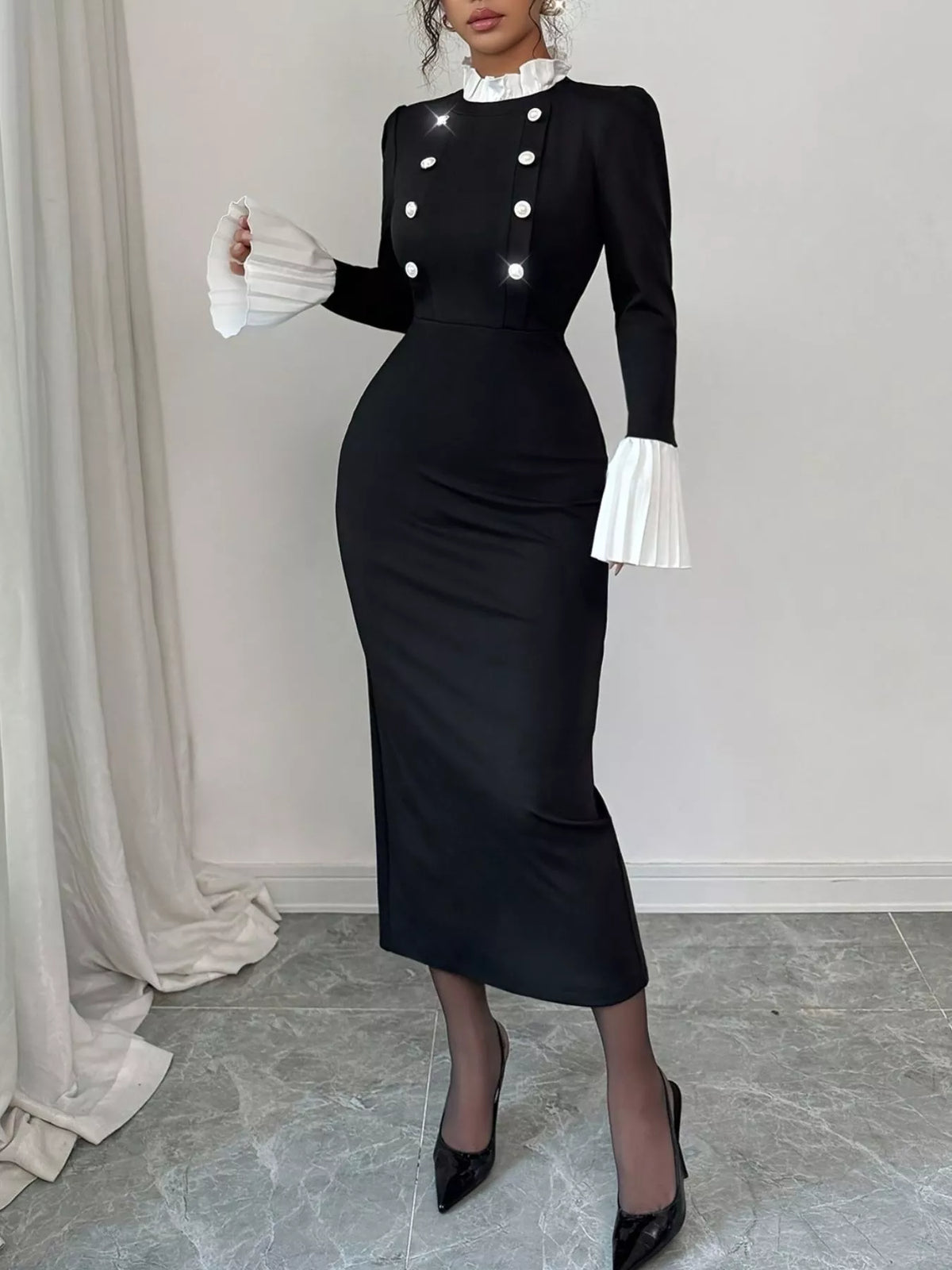 Two tone long sleeve midi dress in black, front view