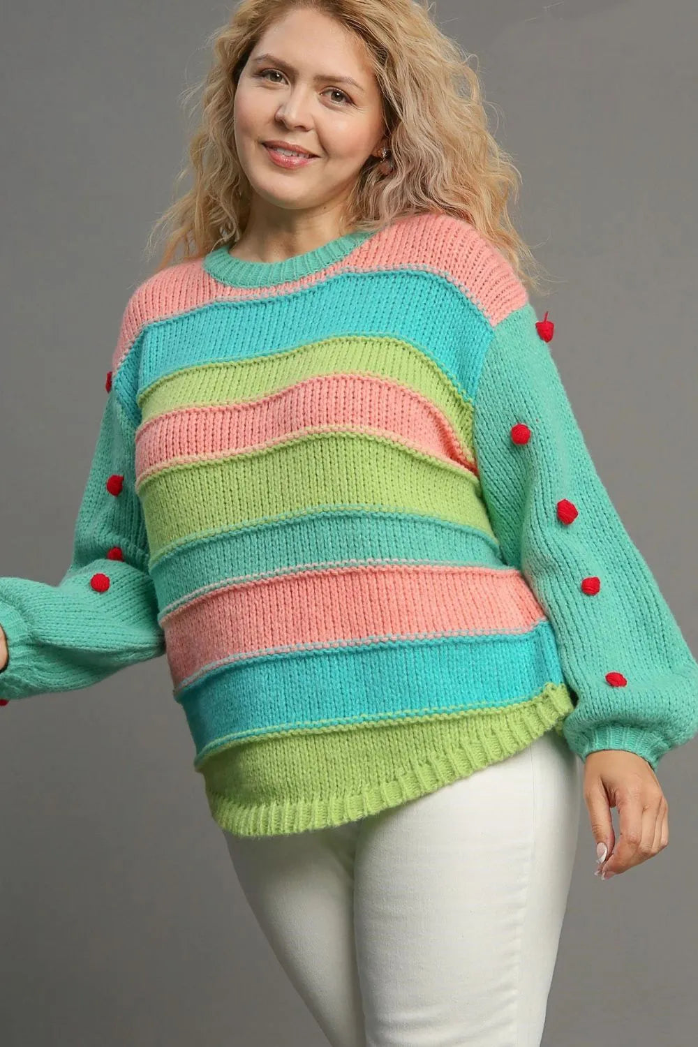 Color Block Cable Knit Pom Pom Sweater Plus Size in Emerald detail