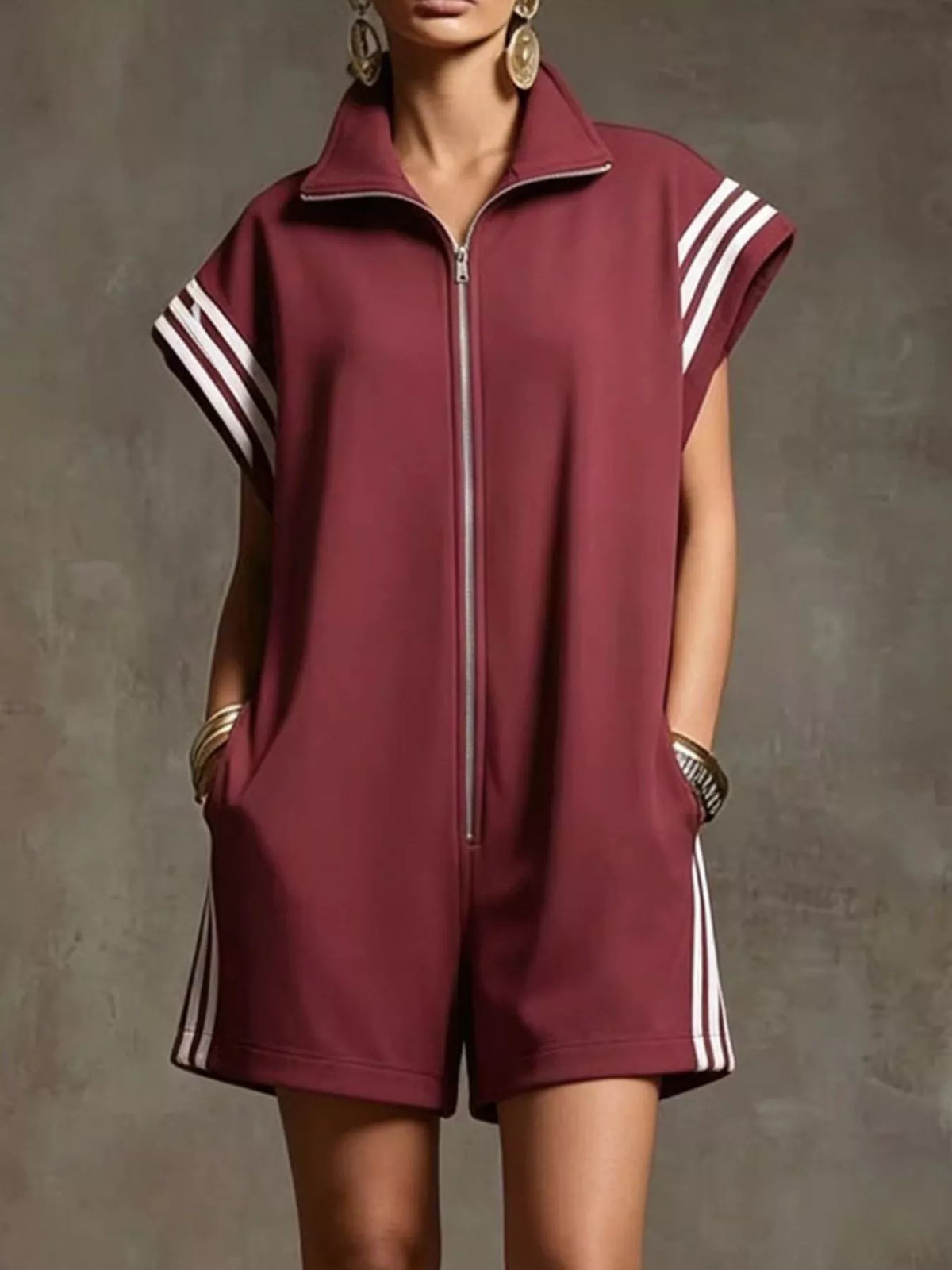 Striped zip front short sleeve romper styled view